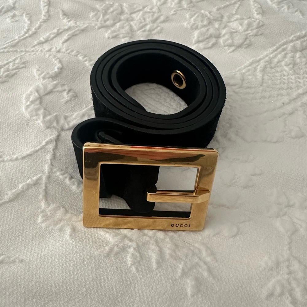 Vintage Gucci Black Belt 30-34 inch with Square Gold Buckle - Picture 3 of 6